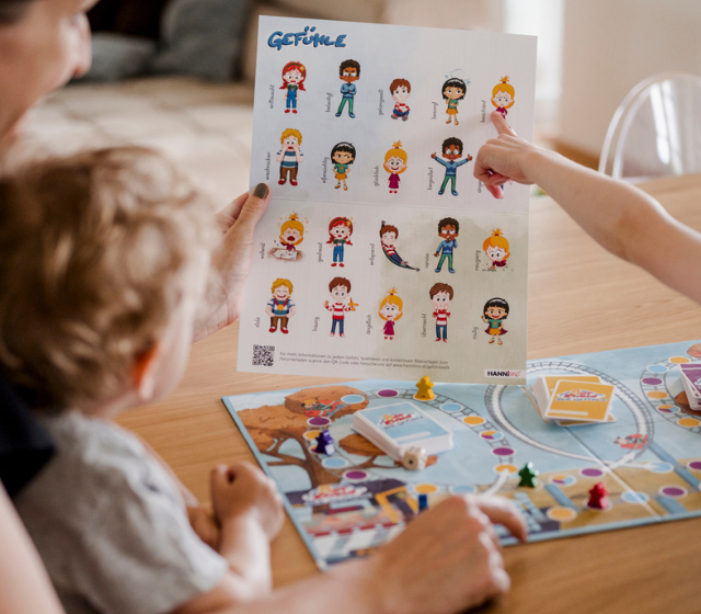 Familie schaut die Gefühlsübersicht an, Spielbrett 