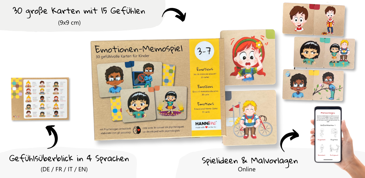 Verpackung Memospielkarten und Gefühlsübersicht