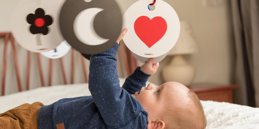 Baby schaut neugierig Kontrastkarten an